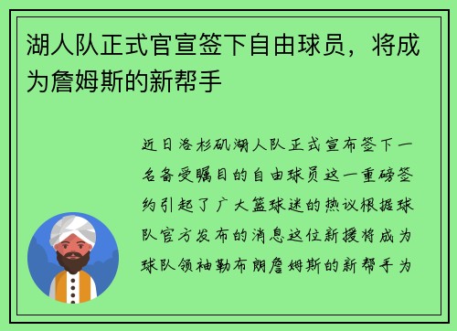 湖人队正式官宣签下自由球员，将成为詹姆斯的新帮手